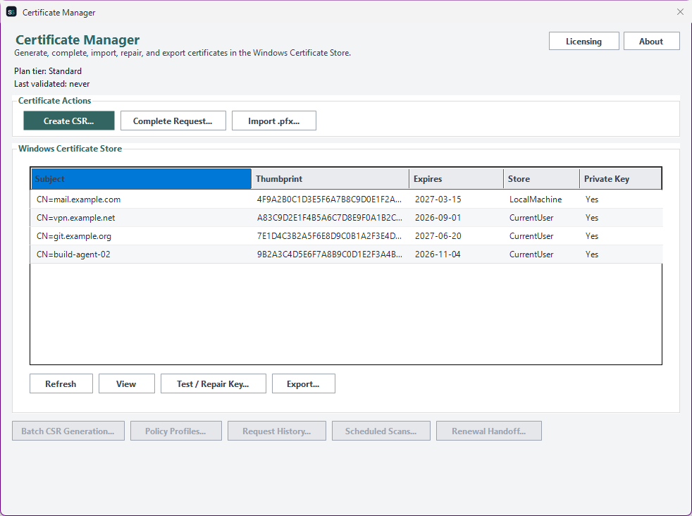 Certificate Manager main window showing Create CSR/Complete Request/Import actions, the Windows Certificate Store grid, and repair/export tools