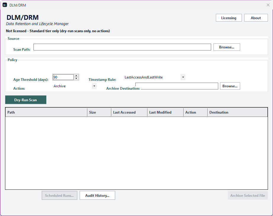 DLM/DRM main window showing the scan path selector, a retention policy configuration panel, and a results grid with proposed archive/delete actions