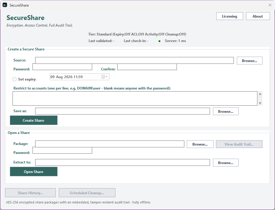 SecureShare main window showing the Create a Secure Share and Open a Share panels, with tier and license status at the top